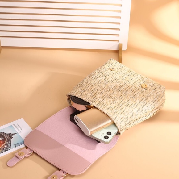 Boho Pink Vegan Leather Straw Mini Backpack - Picture 2 of 5
